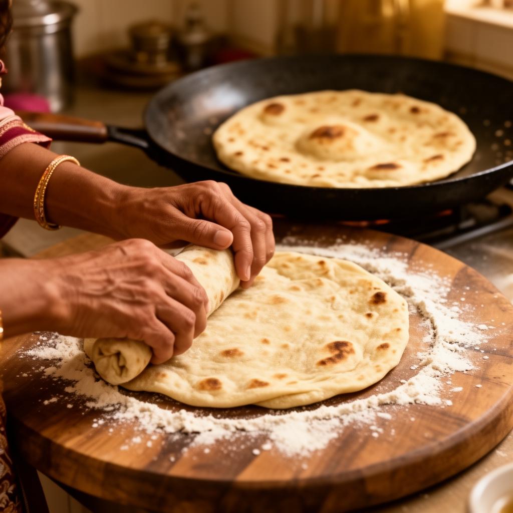 Hands rolling fresh roti dough in an Indian home kitchen