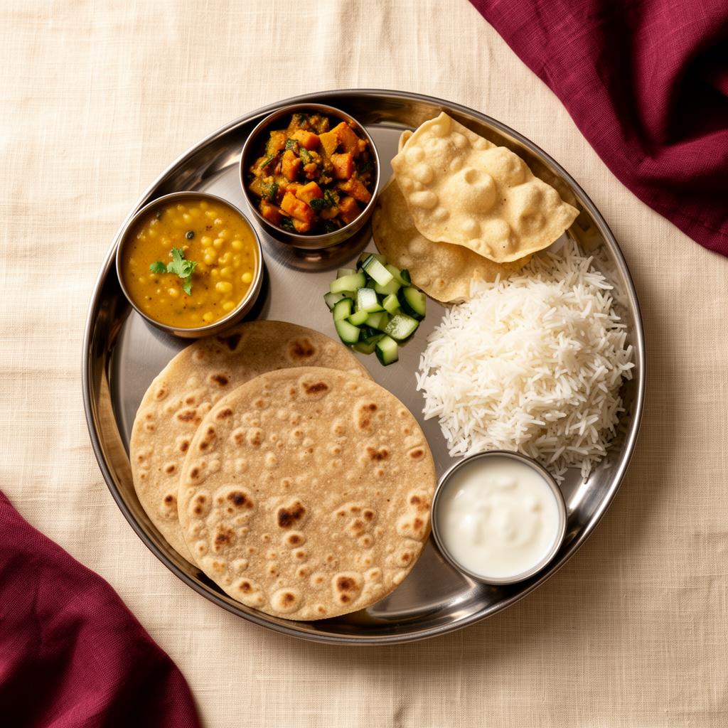 Traditional Indian vegetarian thali with roti, dal, sabzi, rice, curd and papad